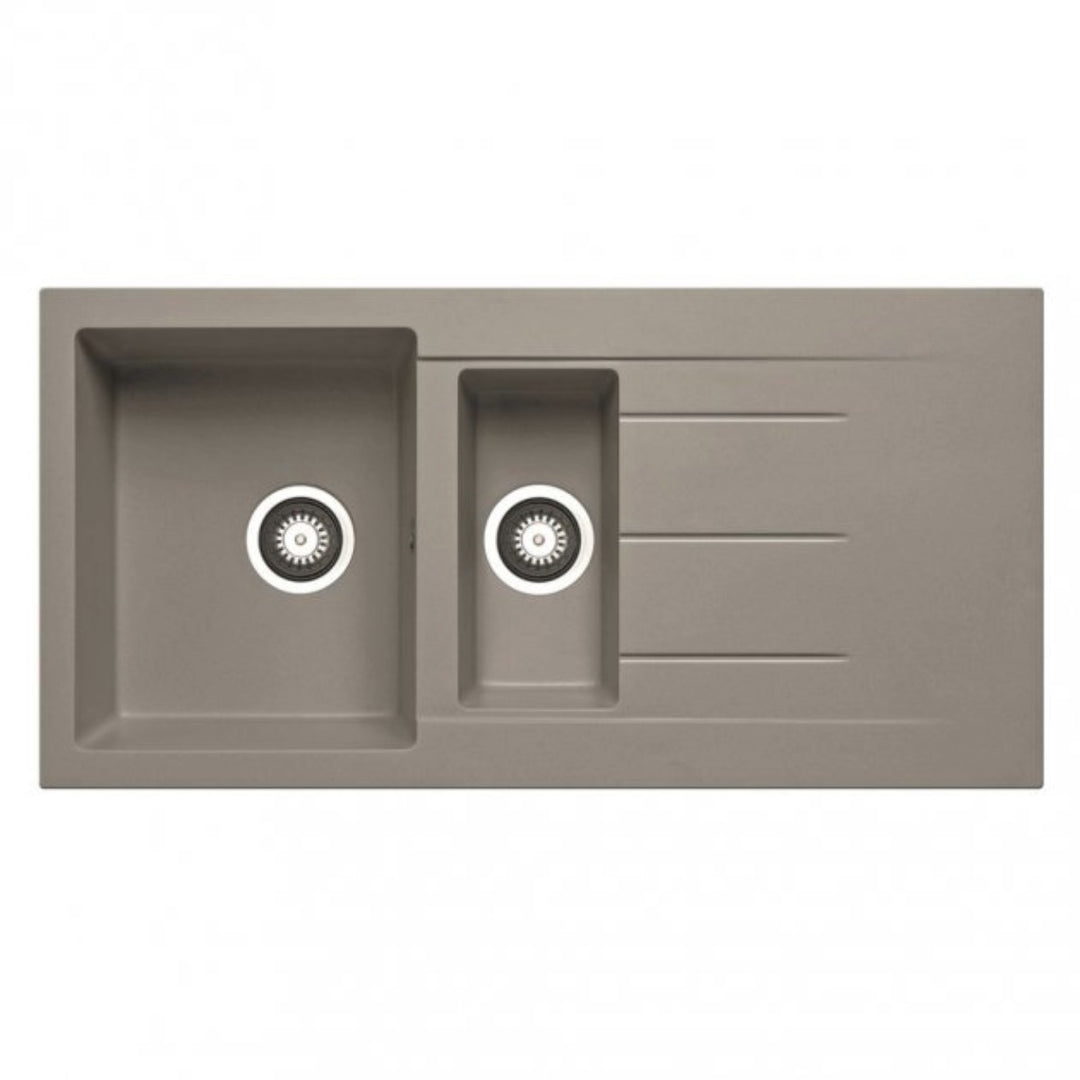 Prima+ Granite 1.5 bowl inset kitchen sink in light grey with integrated drainer, featuring a durable granite composite construction and modern rectangular design.