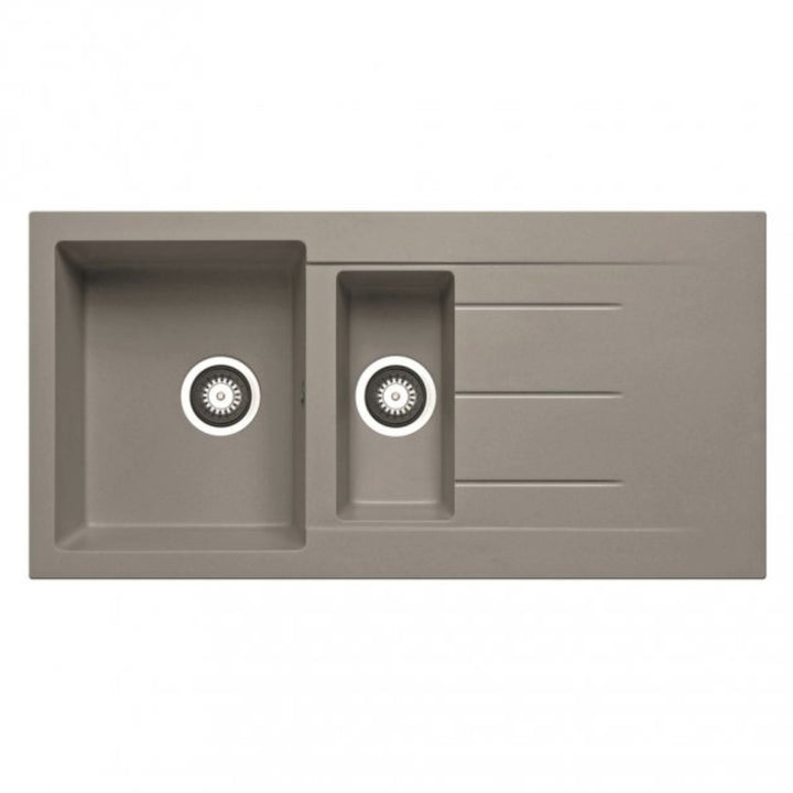 Prima+ Granite 1.5 bowl inset kitchen sink in light grey with integrated drainer, featuring a durable granite composite construction and modern rectangular design.