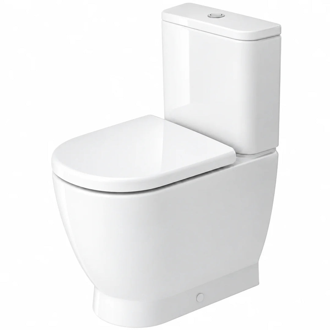 Duravit D-Code back to wall close coupled toilet in white with soft close seat, angled three-quarter view