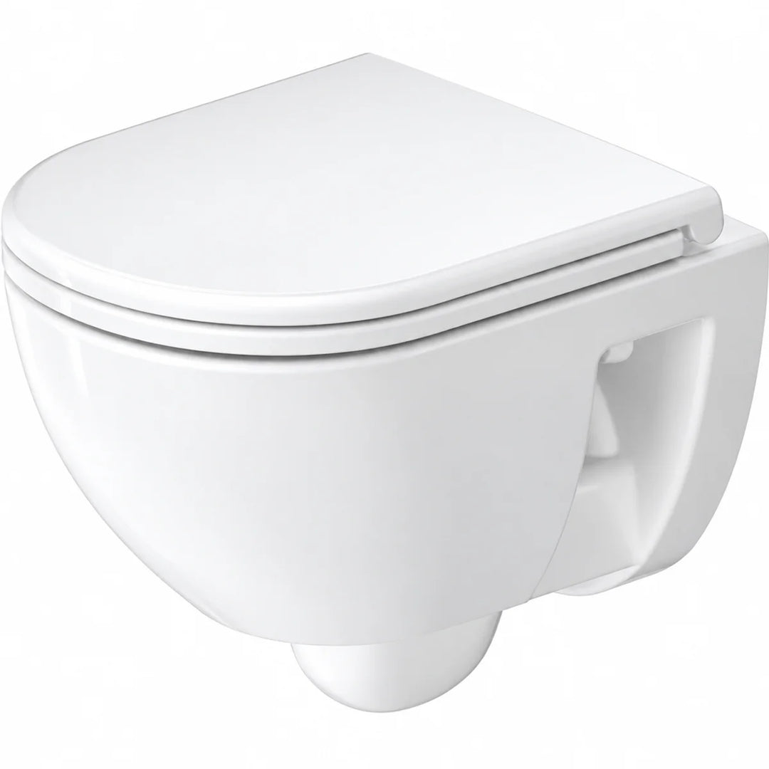 Duravit D-Code wall hung compact WC with soft close seat, angled three-quarter view on white background