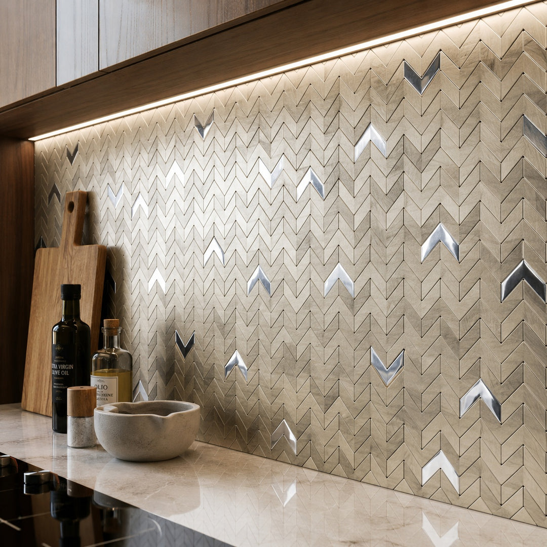 Delta Gold 28.1 x 28.3cm mosaic sheet featuring an elegant geometric pattern with metallic gold detailing, creating a luxurious feature wall in a contemporary bathroom.