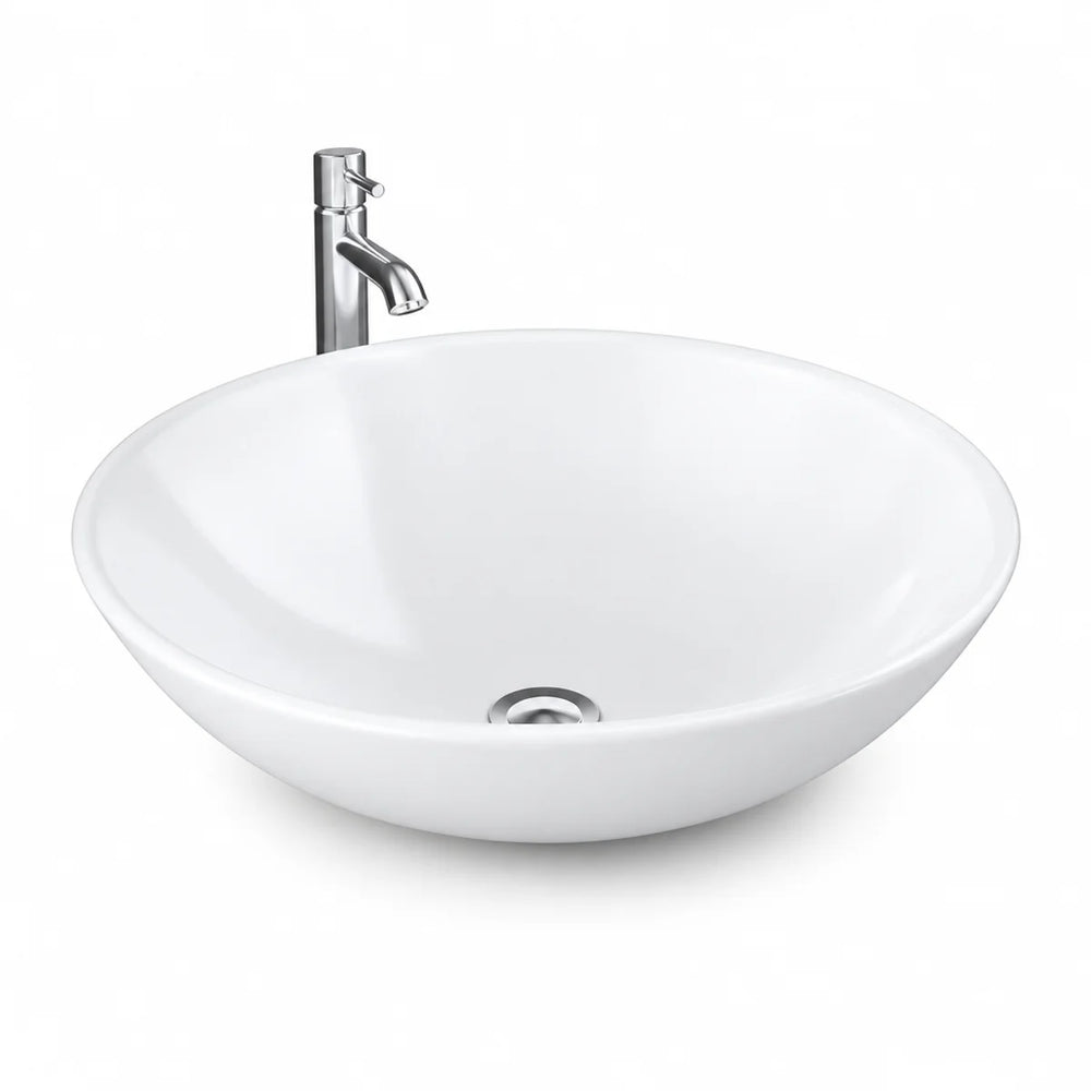 Diana 45cm round white ceramic countertop bowl basin with chrome tall mono basin tap, front three-quarter view on white background
