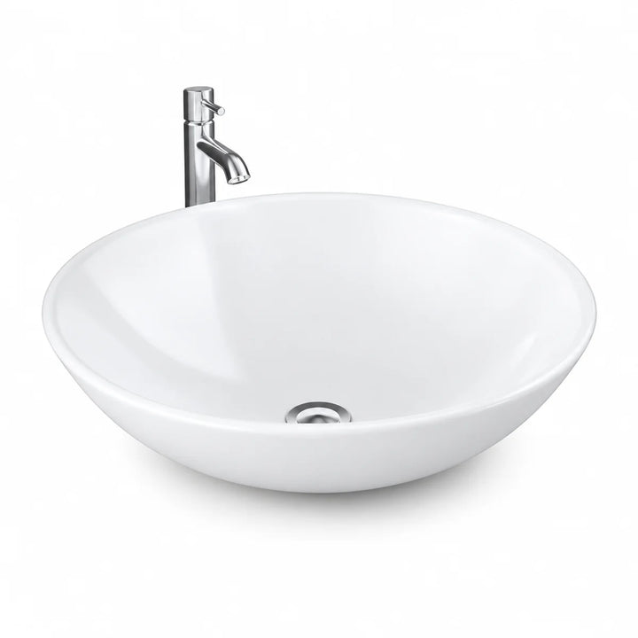 Diana 45cm round white ceramic countertop bowl basin with chrome tall mono basin tap, front three-quarter view on white background