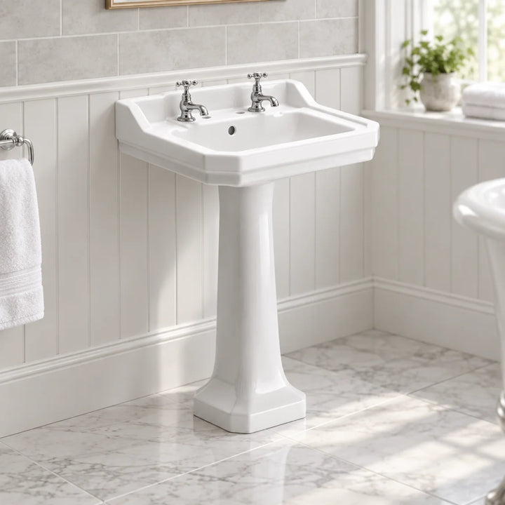 A white ceramic pedestal sink with two chrome gooseneck faucets, set in a bright bathroom with white paneled walls and marble-look tile floors.