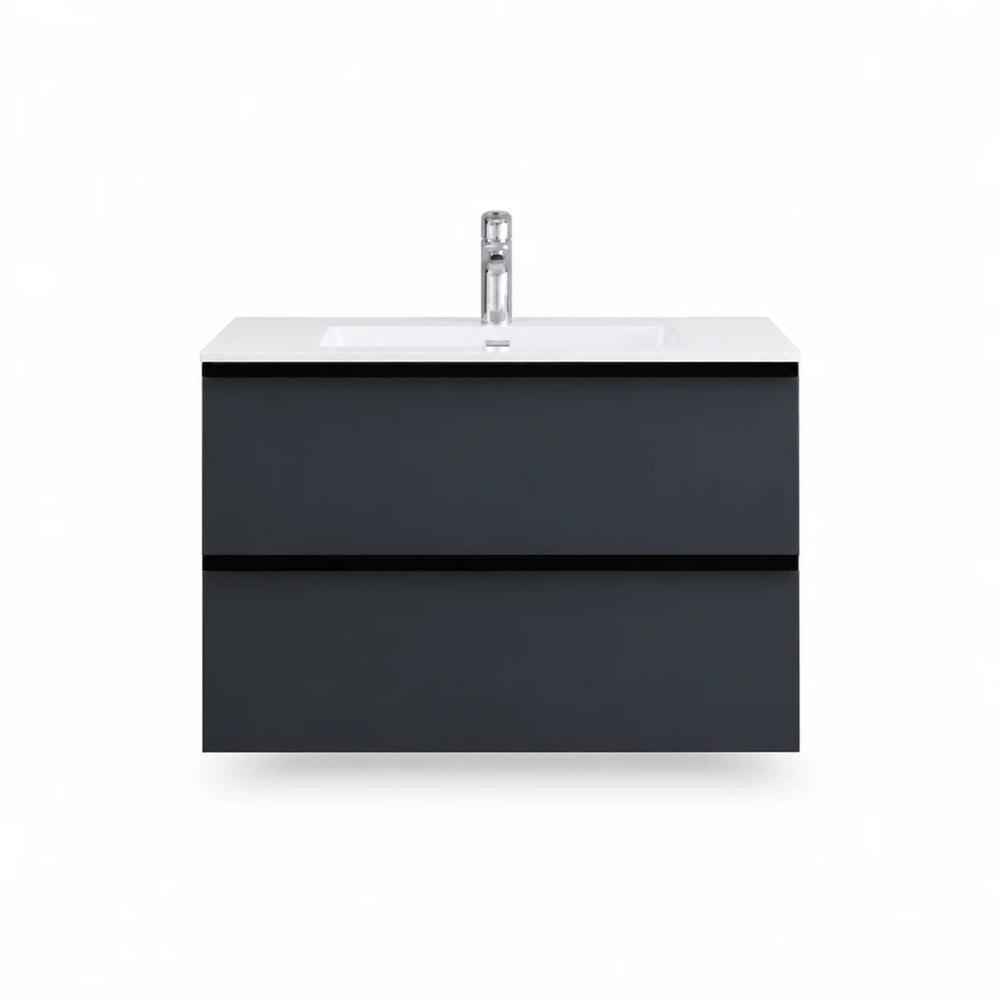 Front view of Duravit DuraPoint wall-mounted vanity unit in matt graphite with two drawers, white basin top and chrome mixer tap