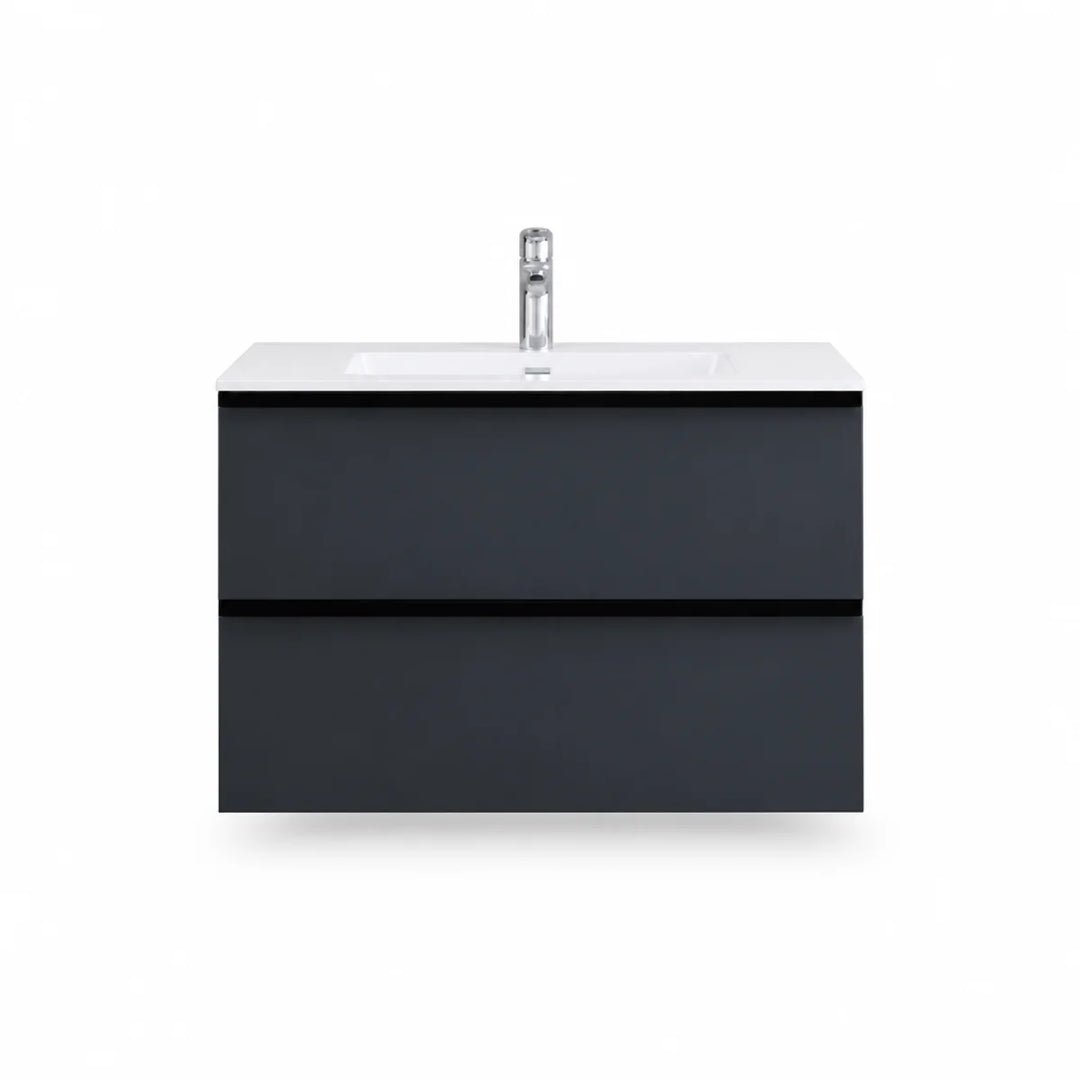 Front view of Duravit DuraPoint wall-mounted vanity unit in matt graphite with two drawers, white basin top and chrome mixer tap