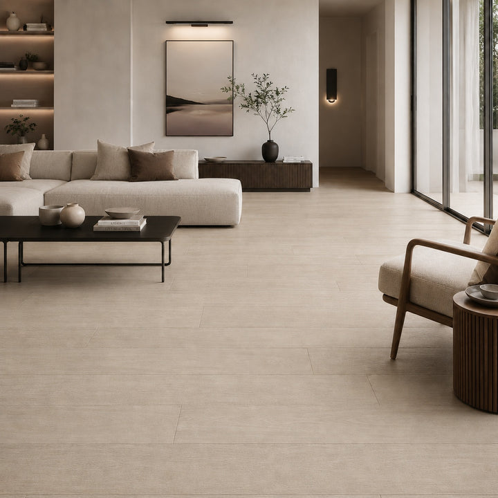 Fika Haya 20 x 120cm rectified wood effect porcelain floor tiles in a light natural oak finish, installed in a contemporary open-plan living space.