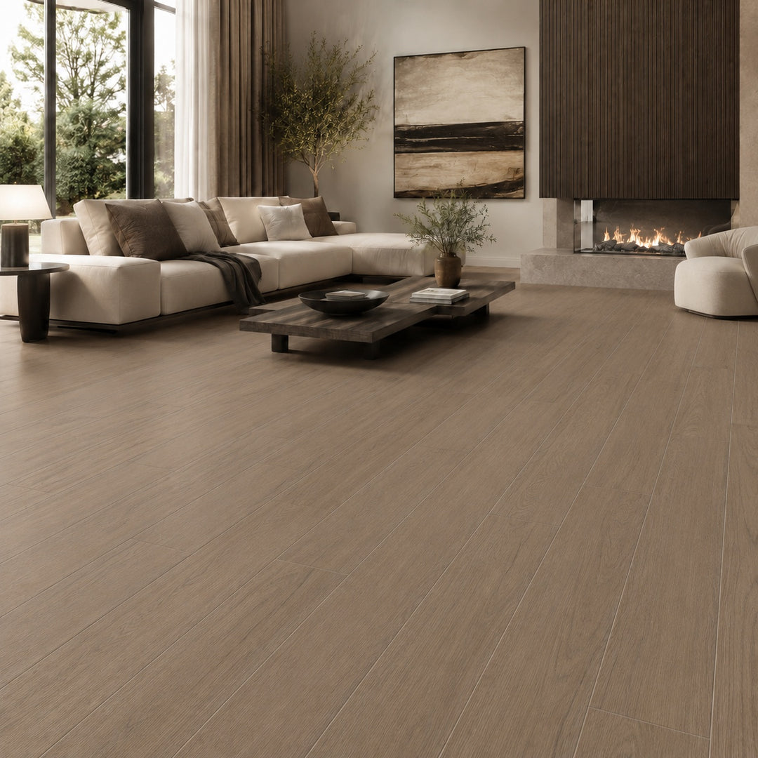 Fika Taupe 20 x 120cm rectified wood effect porcelain floor tile in a warm taupe finish, creating a natural timber appearance with the durability of porcelain.