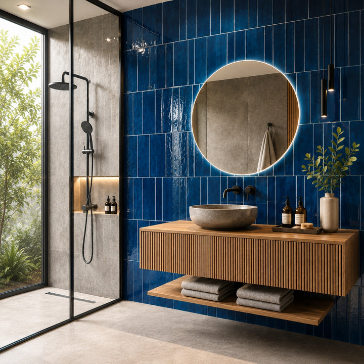 Kian Blue Glossy 31.6 x 60cm feature wall tiles with a rich blue glazed finish, creating a bold statement wall in a contemporary bathroom.