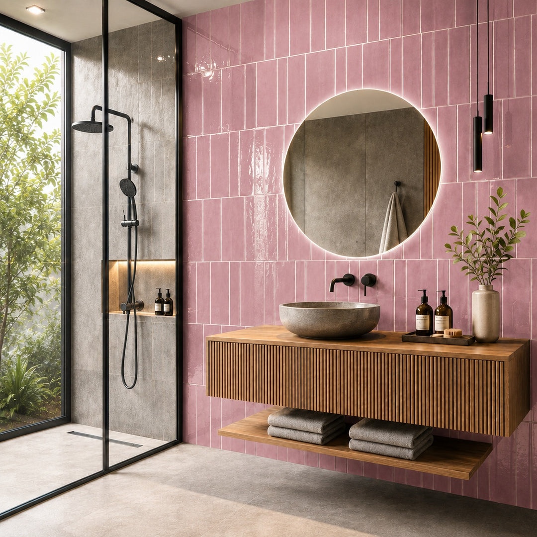 Kian Pink Glossy 31.6 x 60cm feature wall tiles with a glossy pink finish, creating a stylish contemporary bathroom feature wall.