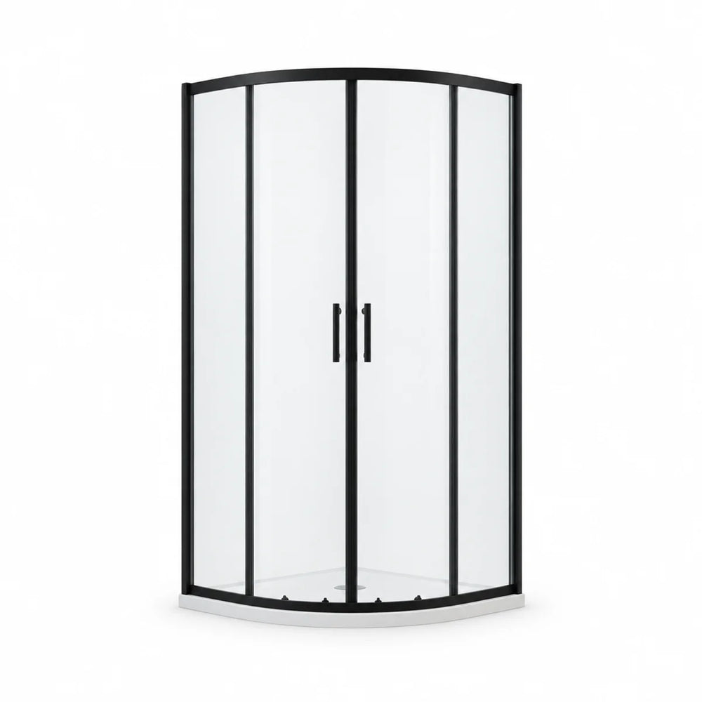 Front view of Elementz 900mm quadrant shower enclosure with black frame, clear glass sliding doors, two handles and white shower tray