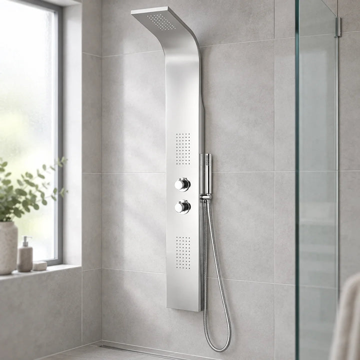 Eliseo Ricci Vesu chrome shower tower with two dials and hand shower, mounted on grey tiles beside a glass screen and window