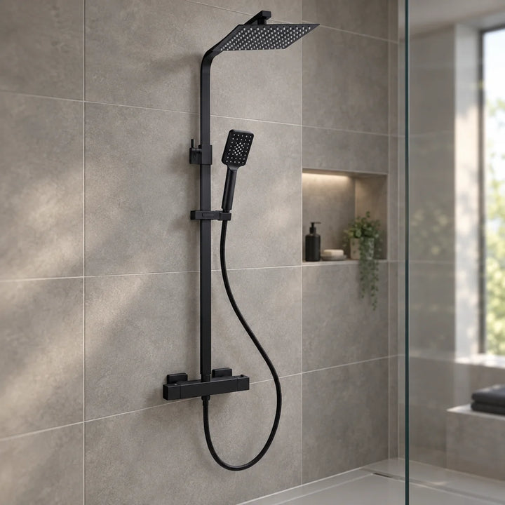 Eliseo Ricci Noir Cube Plus black thermostatic rain shower with square head and handset, wall-mounted in a tiled walk-in shower