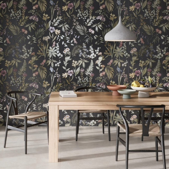RE Botanical Coal 60 x 120cm rectified porcelain wall tile with colourful floral and foliage detailing on a dramatic dark coal background.