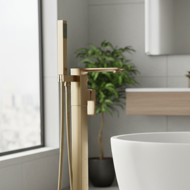 Eliseo Ricci Vesu Floor Standing Bath Shower Mixer - Brushed Brass