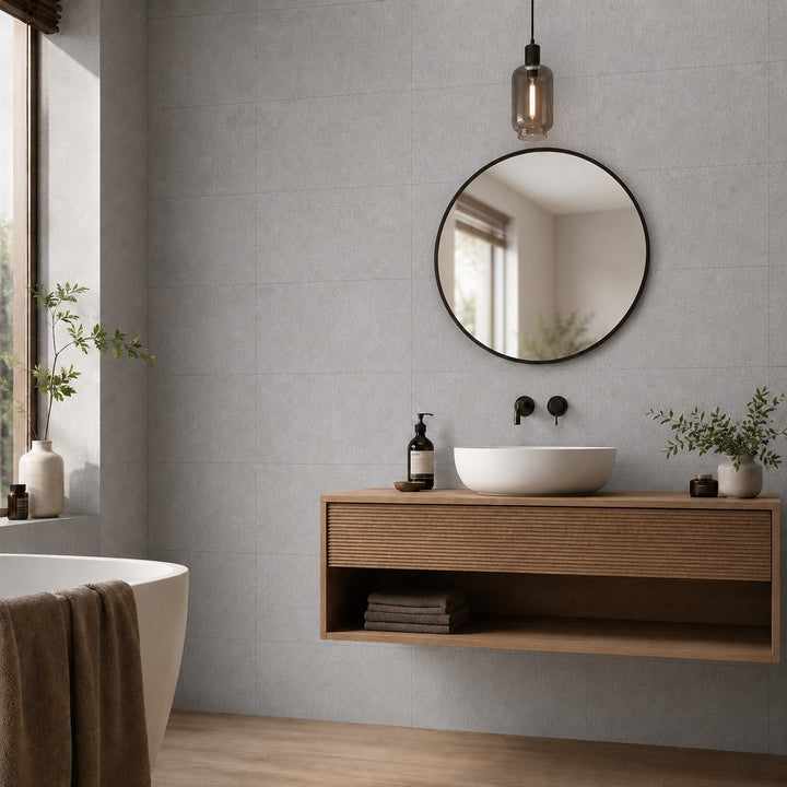 Stoneface Perla 33.3 x 55cm wall tile featuring a light grey stone-effect finish, creating a contemporary bathroom with natural texture and timeless style.