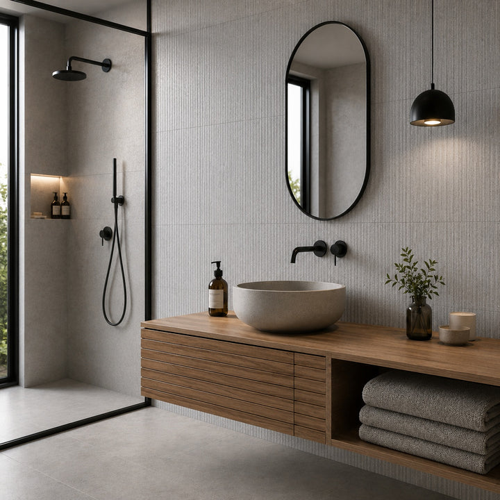 Stoneface Perla 33.3 x 55cm Decor Wall Tile featuring a textured light grey stone-effect finish, creating a contemporary bathroom feature wall.