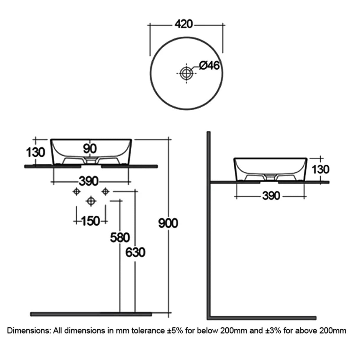RAK Ceramics Feeling 420mm Round Countertop Basin - No Tap Hole - Matt Grey - Technical drawing