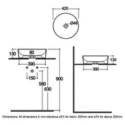RAK Ceramics Feeling 420mm Round Countertop Basin - No Tap Hole - Matt Grey - Technical drawing