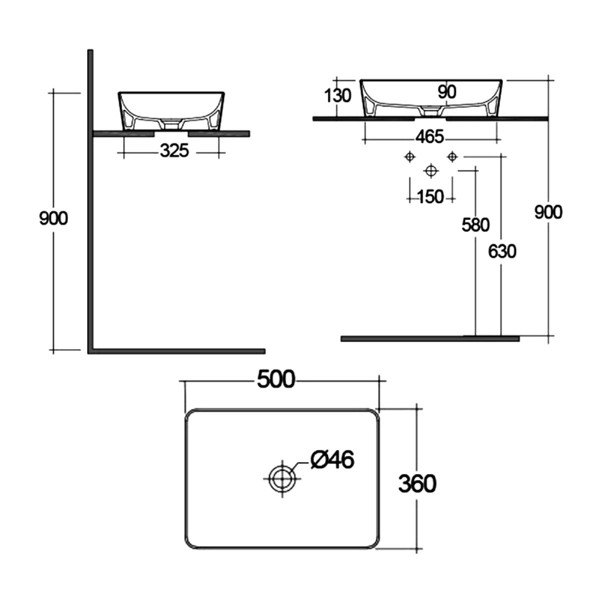 RAK Ceramics Feeling Slim Rectangular 500mm Countertop Basin - Matt Greige - Technical drawing