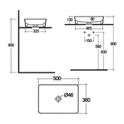 RAK Ceramics Feeling Slim Rectangular 500mm Countertop Basin - Matt Greige - Technical drawing