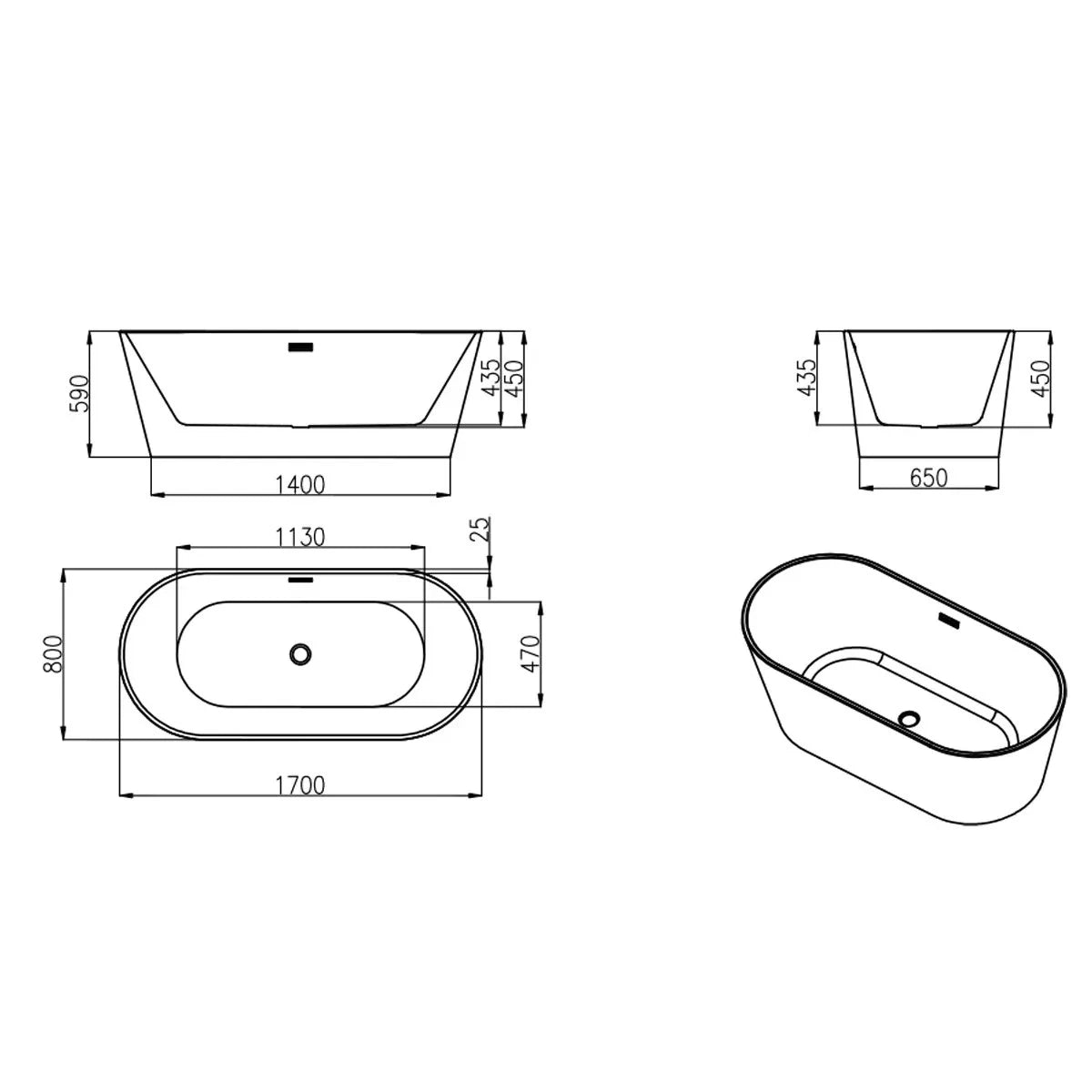 Cancun 1700mm Freestanding Air Spa Bath with Soho Bath Shower Mixer - Technical drawing