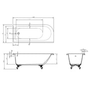 Traditional English Balmoral 1700mm Double Ended Roll Top Bath (inc. White Feet) - Technical drawing