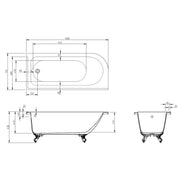 Traditional English Balmoral 1700mm Double Ended Roll Top Bath (inc. Chrome Feet) - Technical drawing