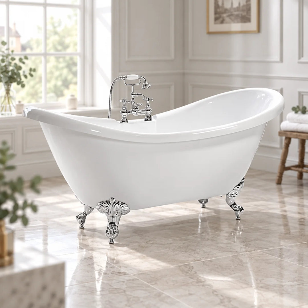 Traditional English Balmoral white double ended slipper bath with chrome claw feet and bath shower mixer in a panelled bathroom