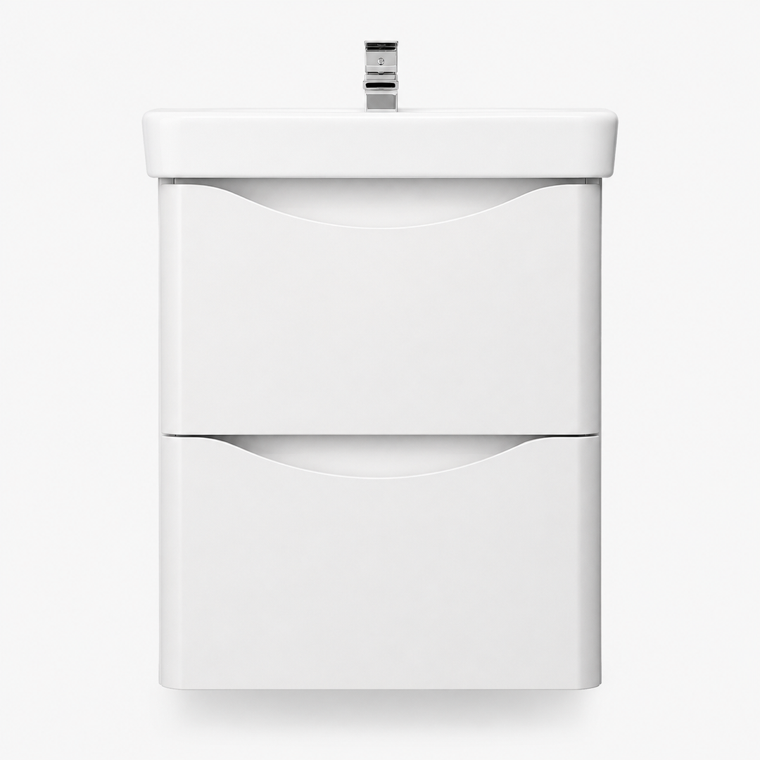 Happi 500mm 2 Drawer Wall Hung Vanity Unit - Matt White inc Basin