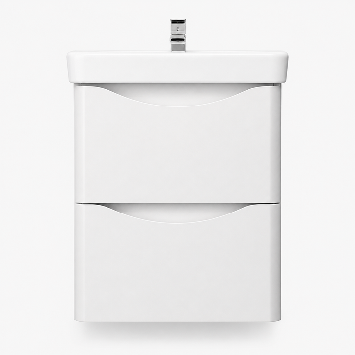 Happi 500mm 2 Drawer Wall Hung Vanity Unit - Matt White inc Basin