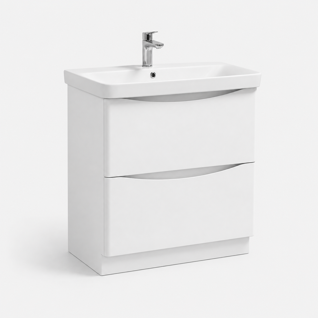 Happi 800mm 2 Drawer Floor Standing Vanity Unit - Matt White inc Basin