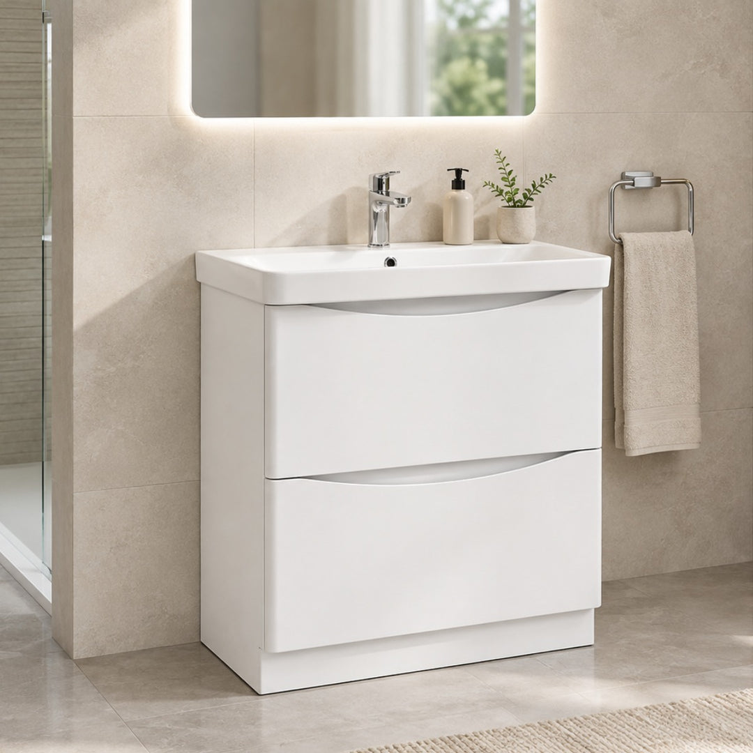 A modern 800mm white bathroom vanity unit with two drawers and an integrated sink.