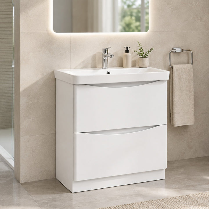 A modern 800mm white bathroom vanity unit with two drawers and an integrated sink.