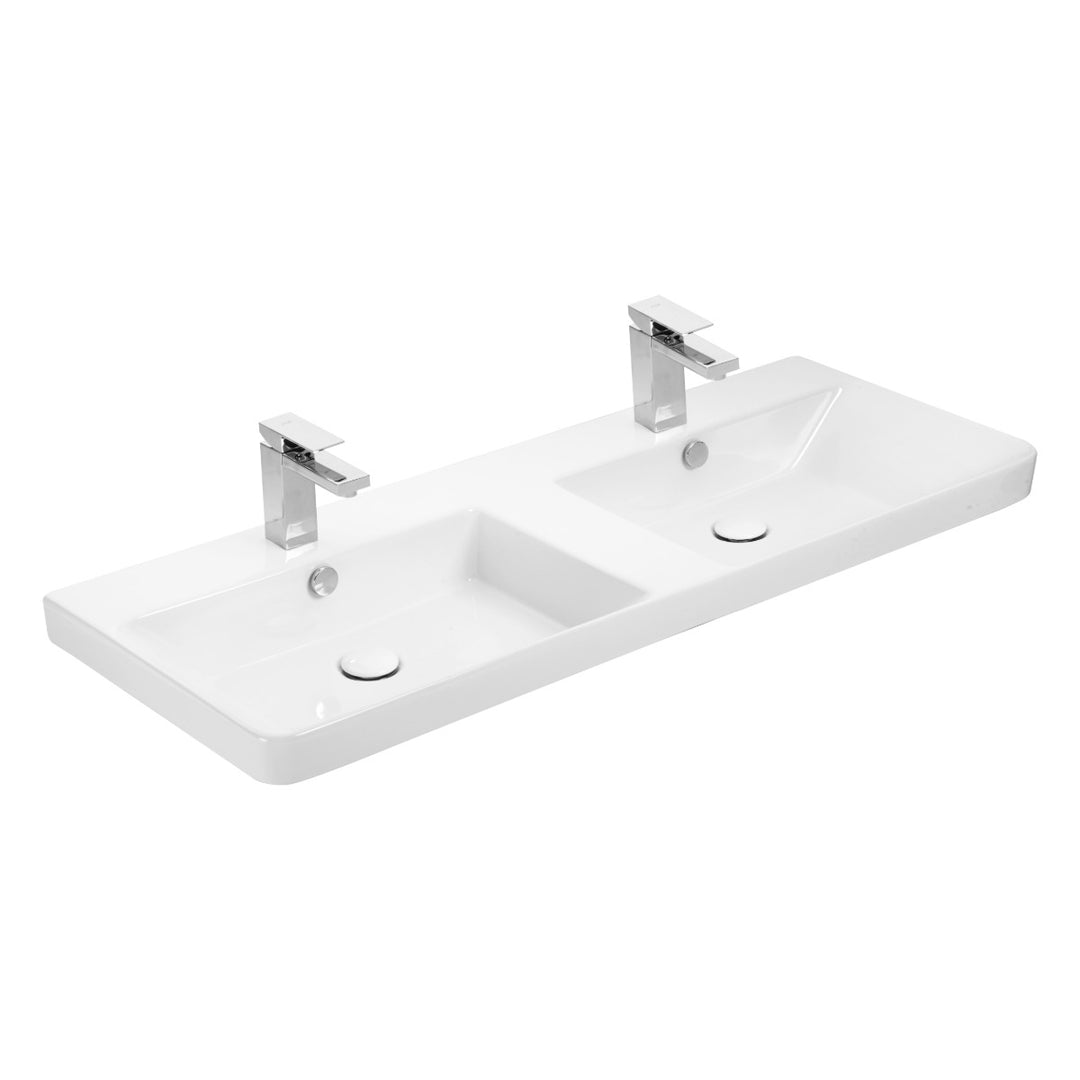 A modern double vanity basin in glossy white, featuring two separate basins, overflows and tap holes.