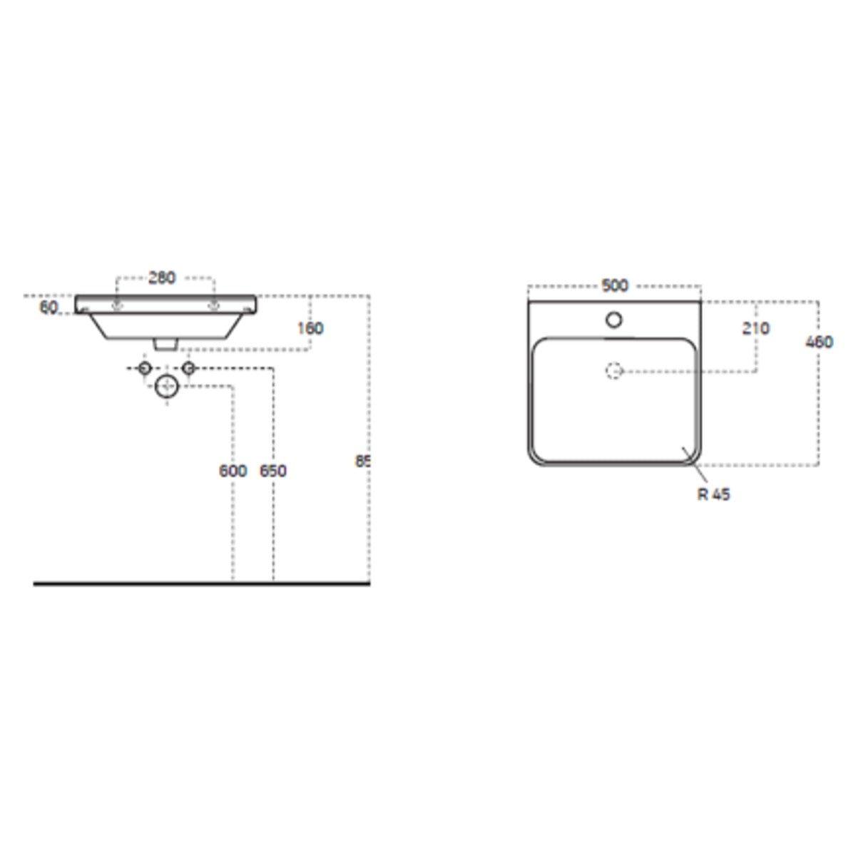 Happi 500mm Cloakroom Basin - Technical drawing