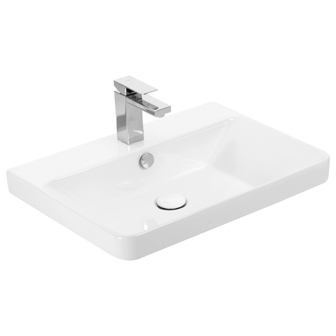The Happi 600mm ceramic vanity basin with a single tap hole, designed to fit compatible vanity units for a sleek contemporary bathroom.
