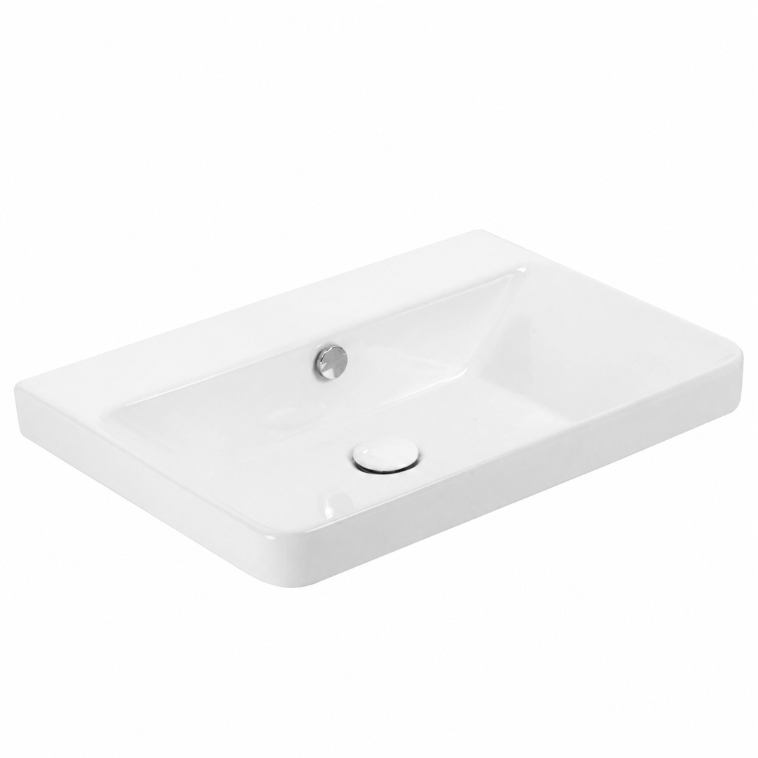 A modern white 600mm ceramic bathroom vanity sink with a rectangular basin and no pre drilled tap holes.