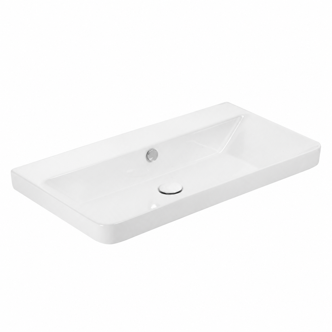 A modern white 800mm ceramic bathroom vanity sink with a rectangular basin and no pre drilled tap holes.
