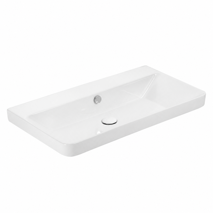 A modern white 800mm ceramic bathroom vanity sink with a rectangular basin and no pre drilled tap holes.