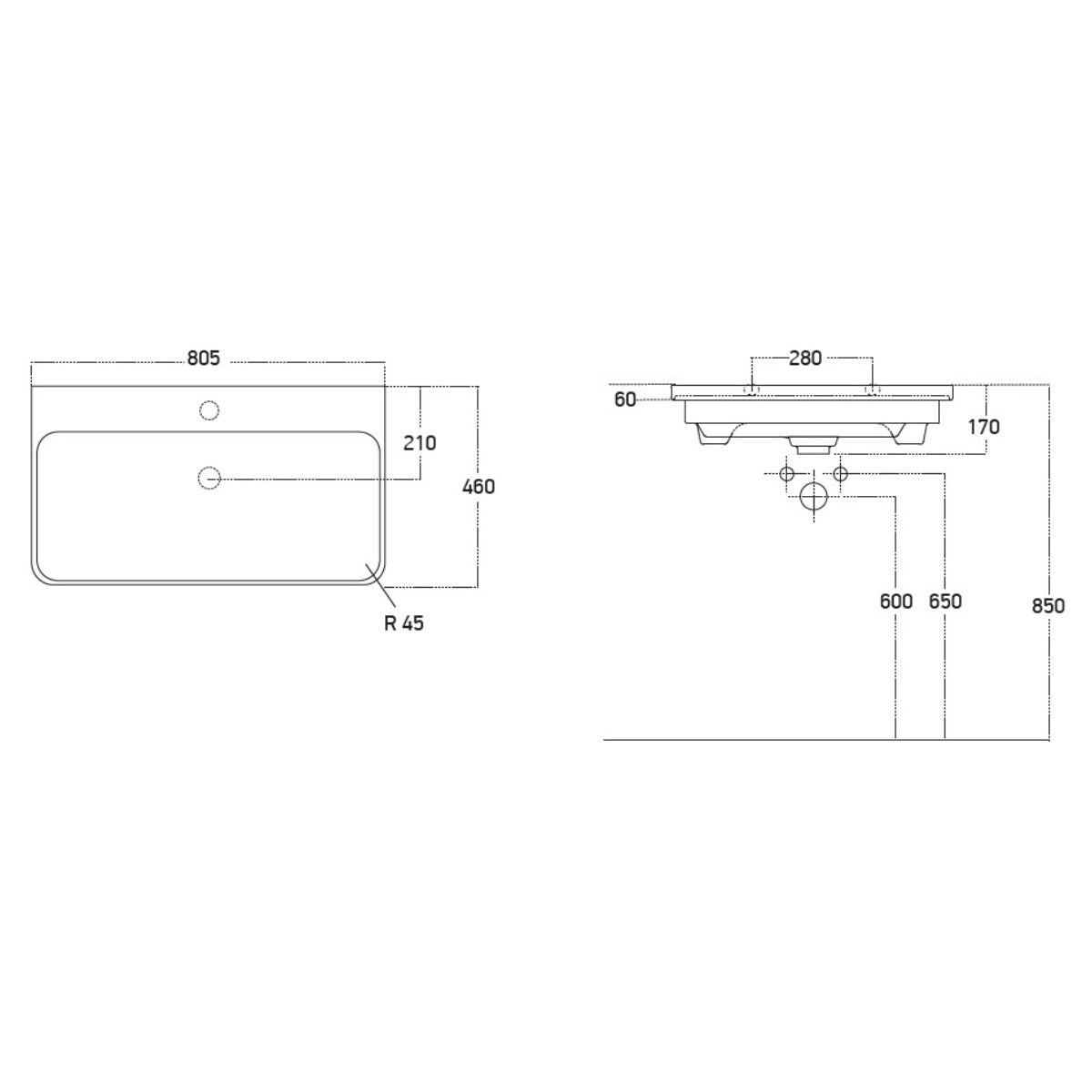 Happi 800mm Basin - Technical drawing