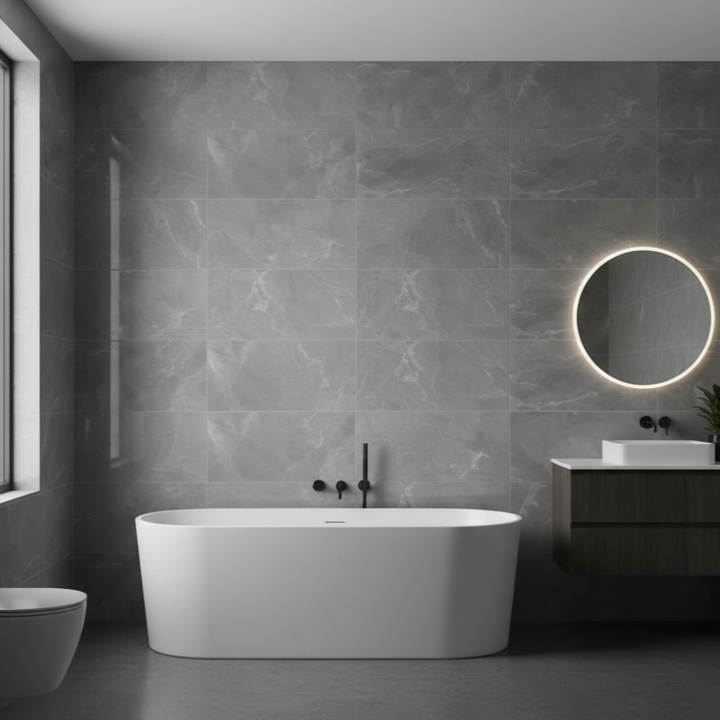 Oxford Grey 30 x 60cm Rectified Polished White Body Tile - 0.9sqm perbox