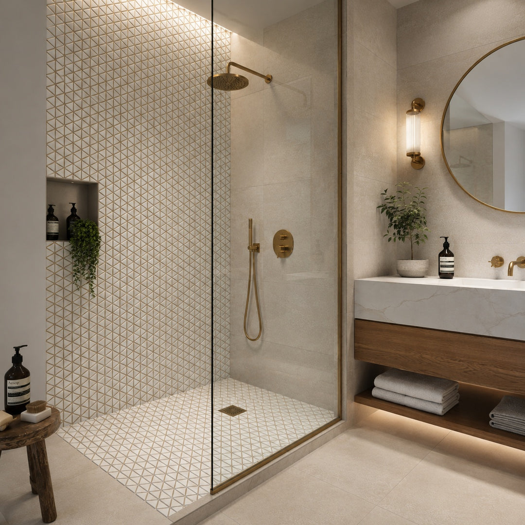 Ibiza White 26 x 30cm mosaic sheet featuring white geometric mosaic tiles, creating a bright contemporary walk-in shower with a stylish feature wall.