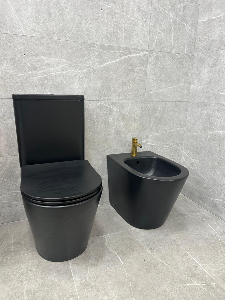 Arc Rimless Close Coupled Fully Back To Wall Toilet, Bidet &amp; Rak Brushed Gold Bidet Tap