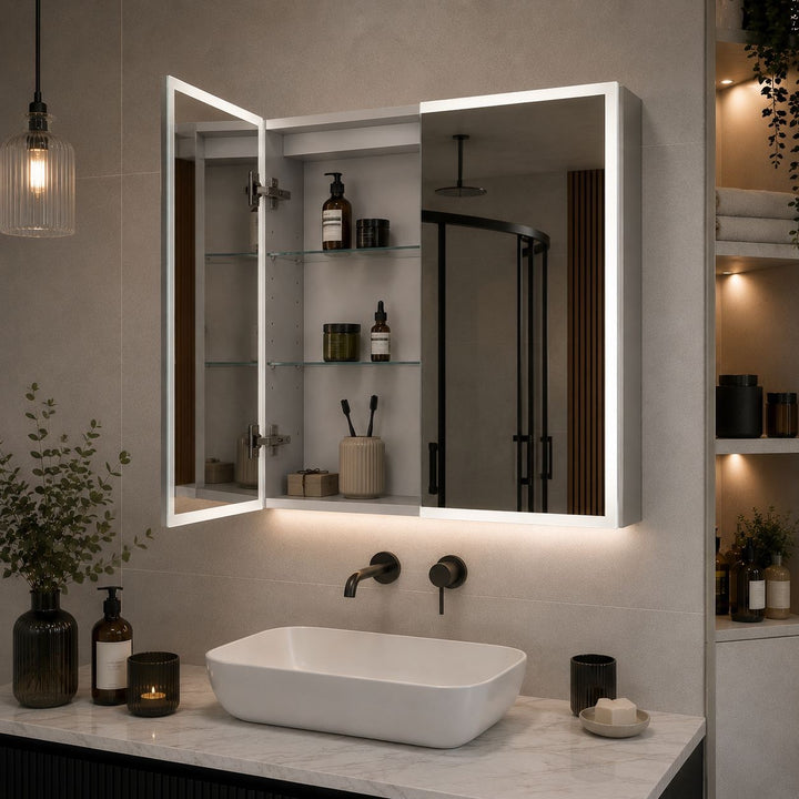 Bella LED Mirror Cabinet 700 x 600mm Double Door and Shaver - Matt Silver