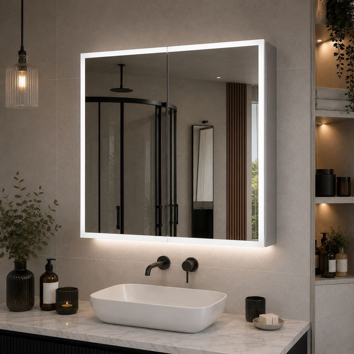 Bella LED Mirror Cabinet 700 x 600mm Double Door and Shaver - Matt Silver