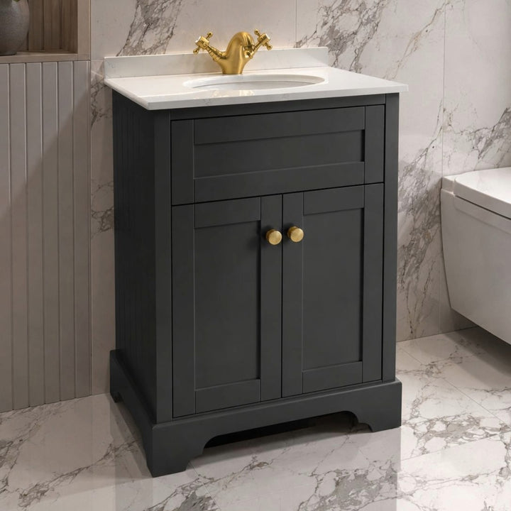 Kingsbury 600mm Traditional Floor Standing Vanity Unit With Marble Top And Undermount Bowl - Dark Grey