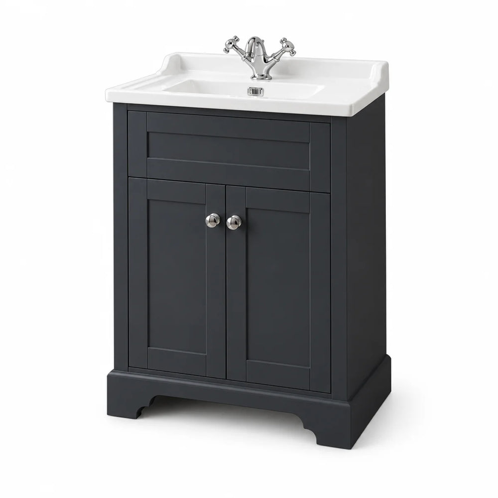 Kingsbury 600mm traditional floor standing vanity unit in dark grey with white ceramic basin, chrome cross-head tap and two shaker doors