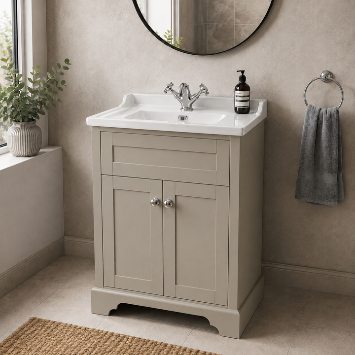 A classic sand floor standing bathroom vanity cabinet with a white ceramic sink, set in a styled bathroom.