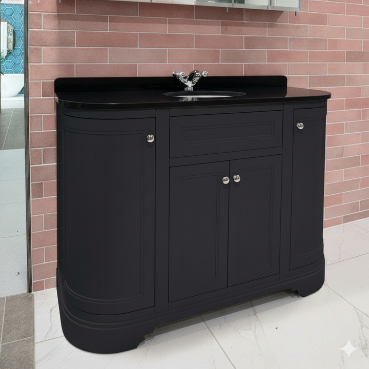 Kingsbury Classic Curved 1200mm Floor Standing Vanity Unit, Black Worktop &amp; Ceramic Basin - Dark Grey